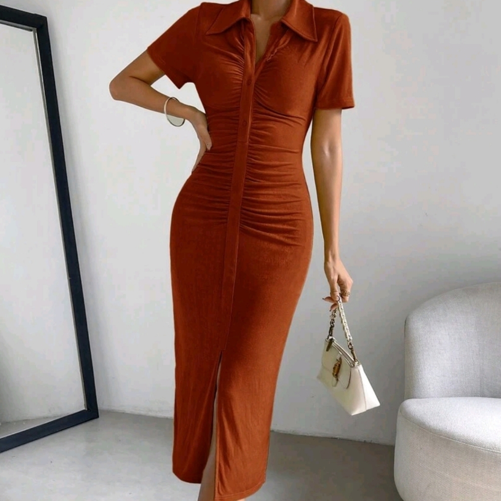 Women's Short Sleeve Turn-Down Collar A-Line Dress With Single Breasted Closure - Picture 3 of 6